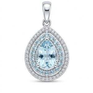 JPI Sterling Silver Pear Aquamarine & Diamond Halo Pendant